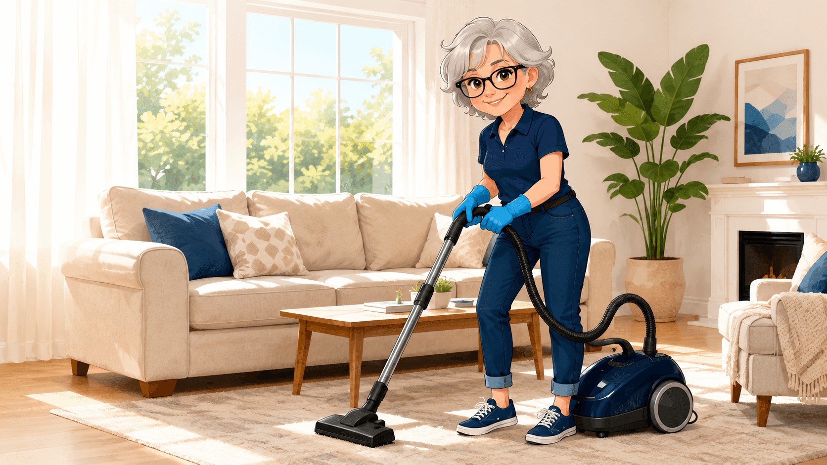 Susie vacuuming a bright, tidy living room